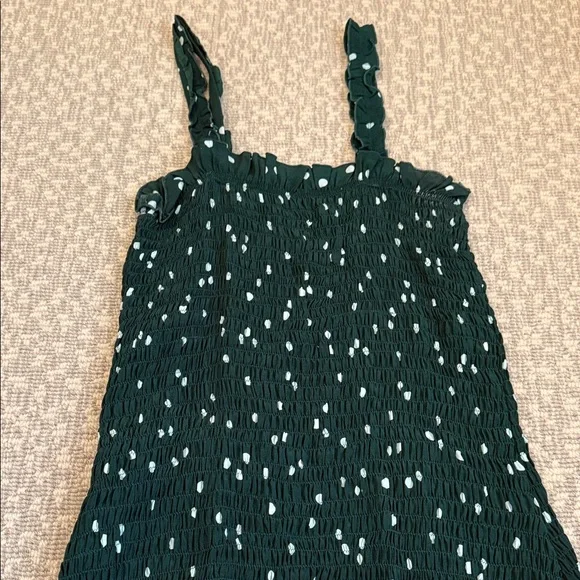 Faithfull The Brand Smocked Dark Green Polka Dot Ruffle Mini Dress, size 4 - Picture 2 of 6